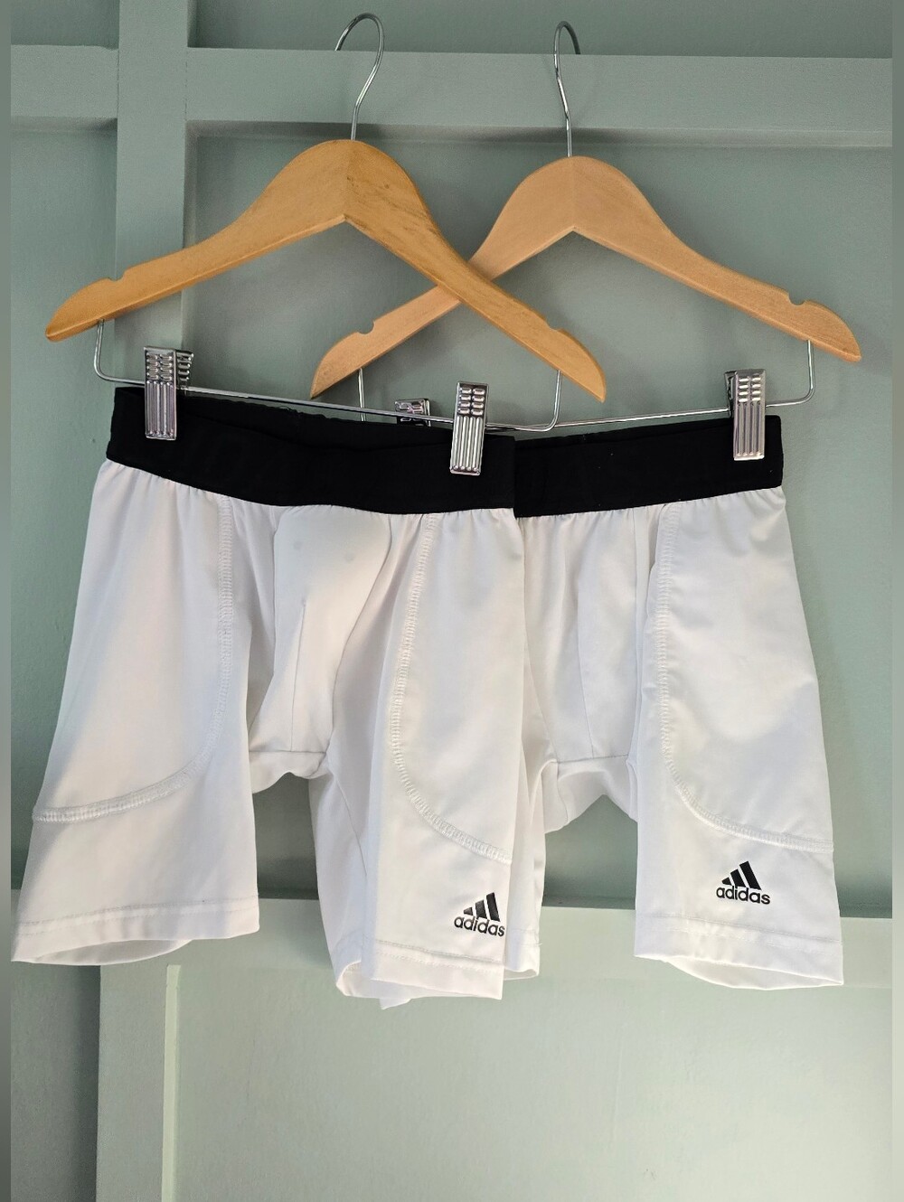 Adidas Pair Of Kids White Groin Guard Compression Shorts with Black Waistband